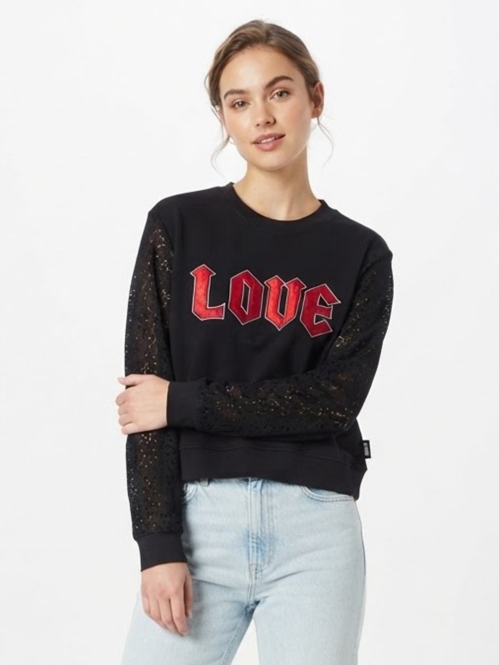 Love Moschino Lace Sleeve Graphic Sweatshirt IT42 US6 Edgy Streetwear Rocker Chi